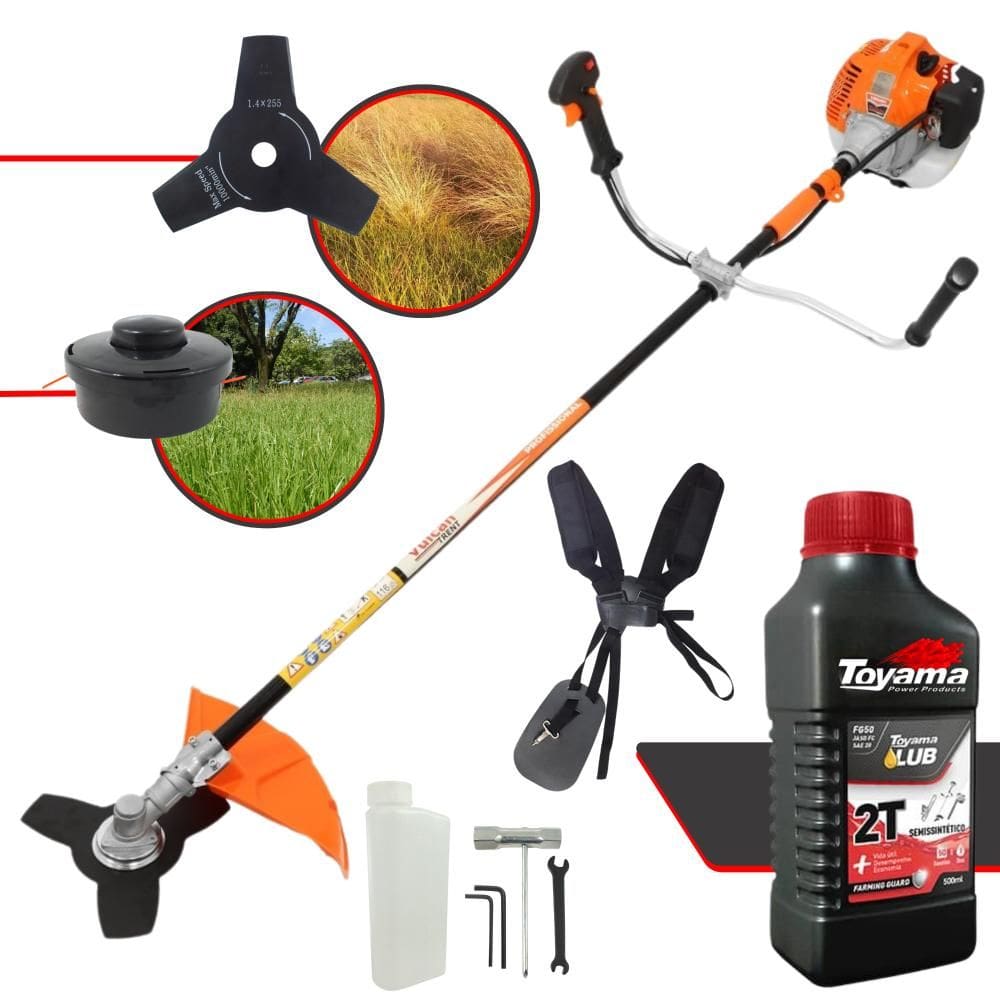 Roçadeira Vulcan VR520-H À Gasolina 52cc 2,5HP Motor 2 Tempos Alta Rotação e Performance Com Carretel de Nylon + Faca 3 Pontas + ÓLEO TOYAMA FG50