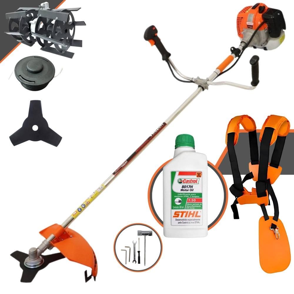 Roçadeira Multifuncional À Gasolina Vulcan VR620H 62cc 3HP Alta Rotação Com 2 Opções de Corte Carretel + Faca 3 Pontas + Enxada Rotativa + ÓLEO STIHL