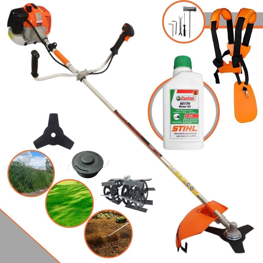 Aparador de Grama Lateral Vulcan VR620-H À Gasolina 62cc 3HP 12.500rpm Roçadeira Com Carretel Nylon + Lâmina 3 Pontas + Enxada Rotativa + ÓLEO STIHL
