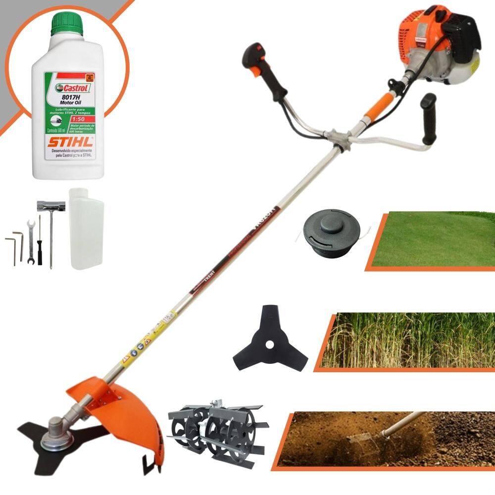 Máquina de Corta Grama Vulcan VR620-H À Gasolina 62cc 3HP de Potência 12.500rpm Com Lâmina 3 Pontas + Carretel + Enxada Capinadeira + ÓLEO STIHL 2T