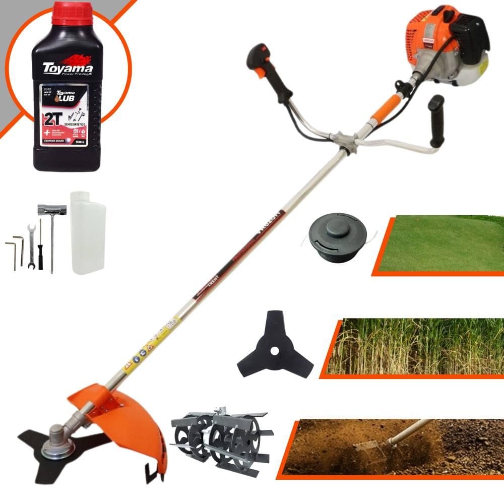 Aparador de Grama Lateral Vulcan VR620H À Gasolina 62cc 3HP 12.500rpm Roçadeira Com Carretel Nylon + Lâmina 3 Pontas + Enxada Rotativa + ÓLEO TOYAMA