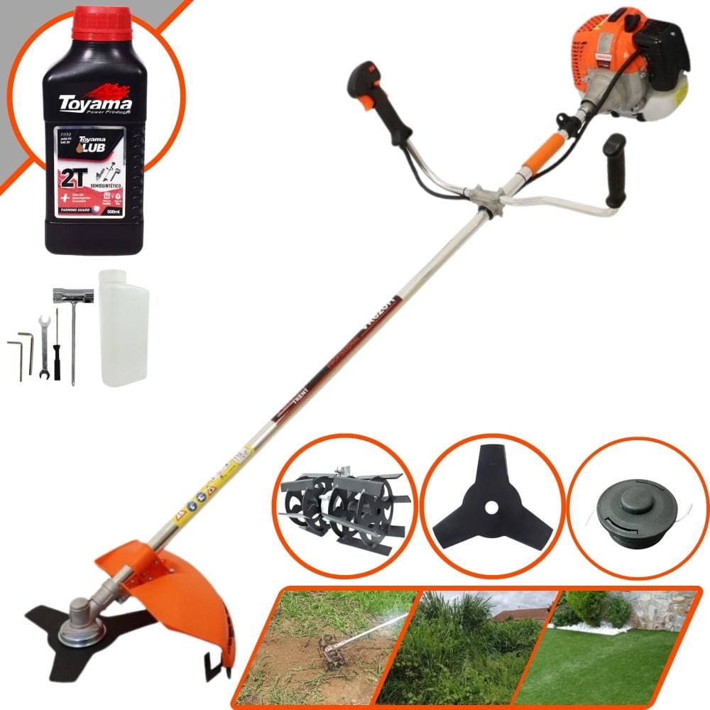 Podador de Grama Vulcan VR620H À Gasolina 3HP de Potência 62cc 12.500rpm Roçadeira Com Carretel + Faca 3 Pontas + Enxada Capinadeira + ÓLEO TOYAMA 2T