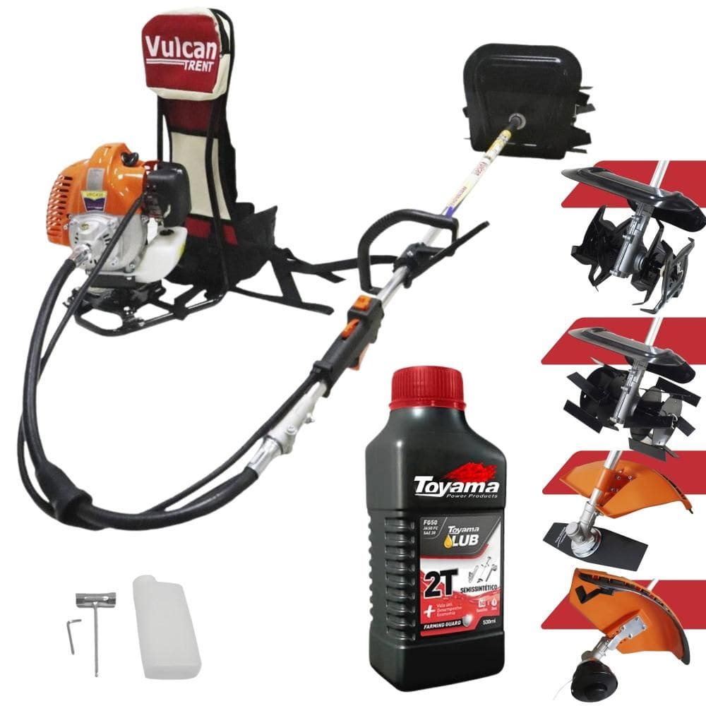 Aparador de Grama Vulcan VRC430 À Gasolina 43cc 1,7HP Roçadeira Com Carretel + Lâmina 2 Pontas + Enxada Capinadeira + Enxada Cultivadora + ÓLEO TOYAMA