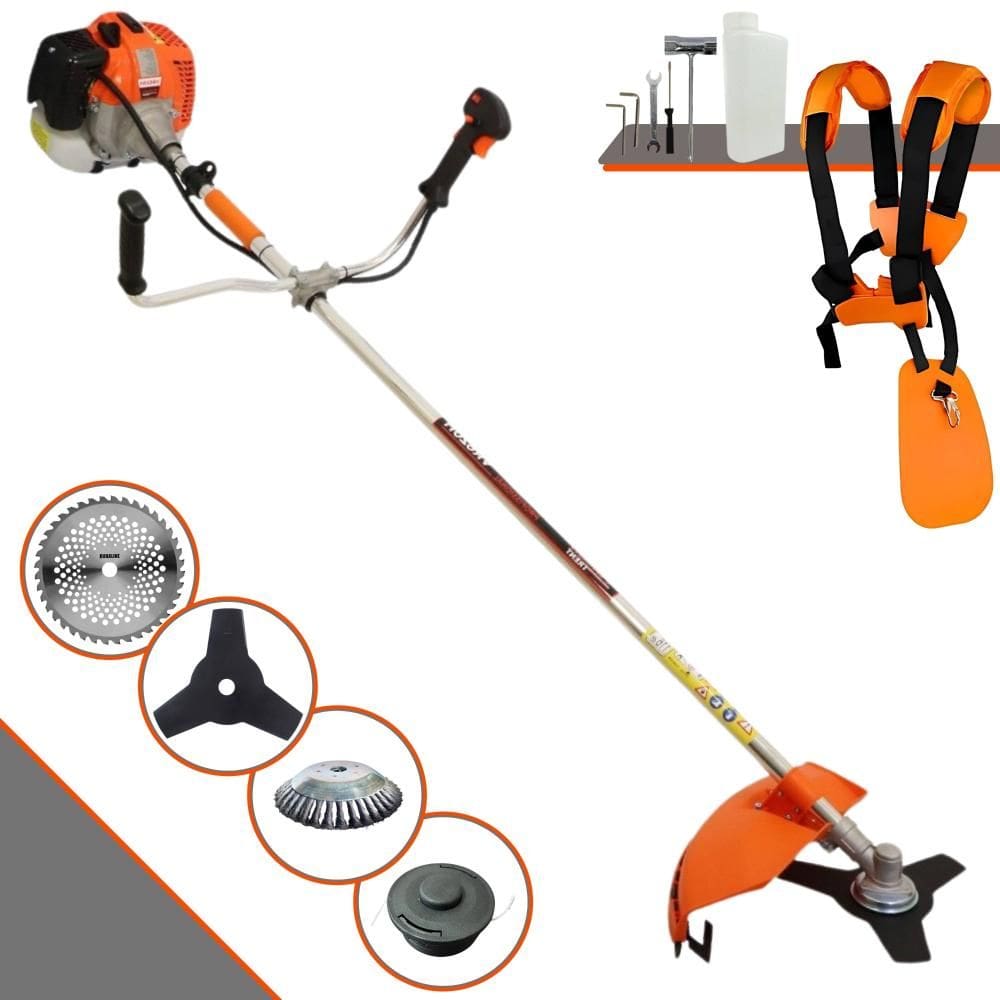 Roçadeira Aparador de Grama À Gasolina Vulcan VR620H 62cc 3HP 12.500rpm Com Carretel e Faca 3 Pontas + Faca 40 Dentes Vídea + Escova Circular de Aço