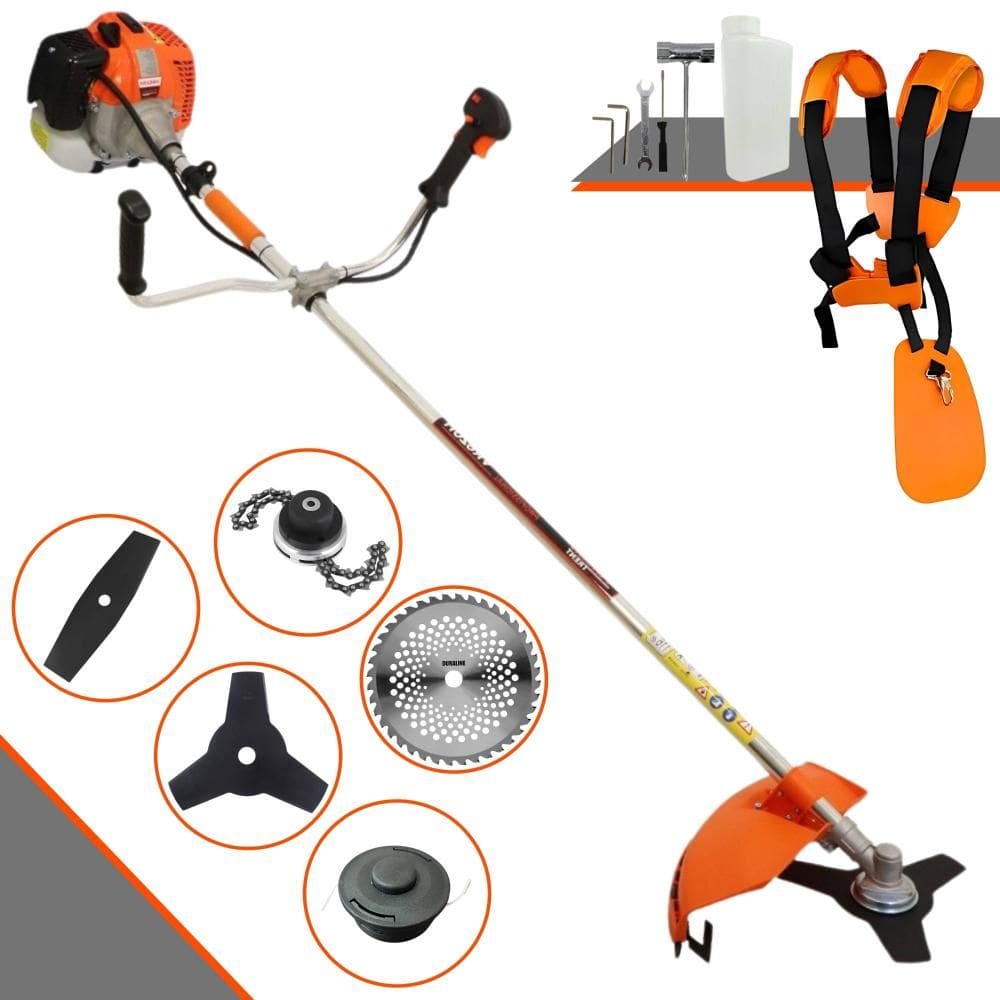 Roçadeira À Gasolina Vulcan VR620-H 62cc 3HP 12.500rpm Alta Performance Com Cabeçote de Nylon + Facas 2 Pontas, 3 Pontas, 40 Dentes Vídea e Trimmer