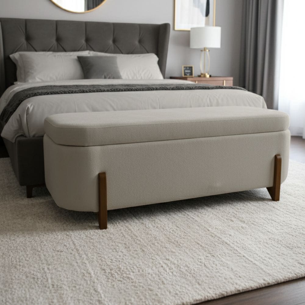 Banco Baú Organizador Estofado Orgânico Milão Peseira 1,40 Bouclê Bege - Montanari`s Decor