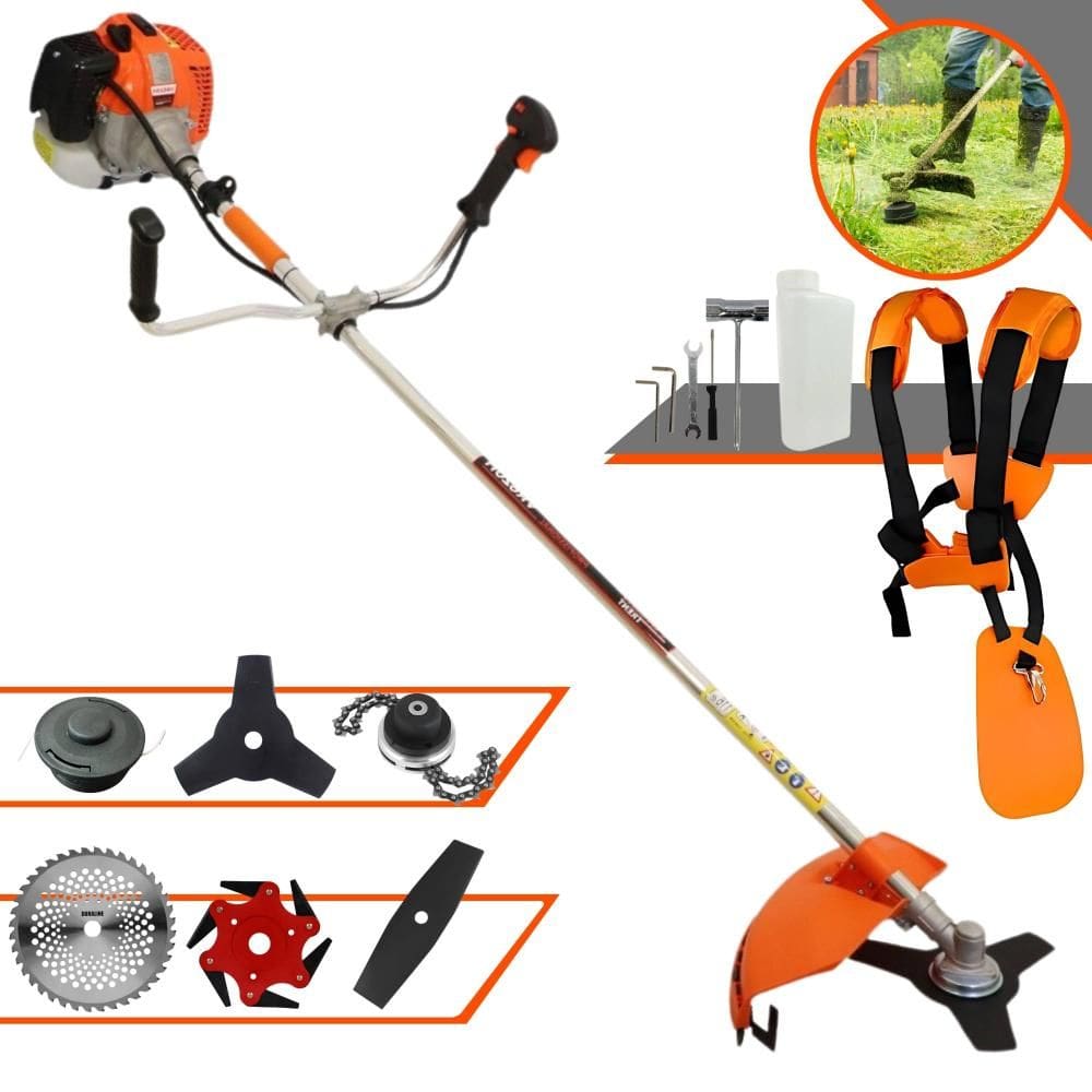 Roçadeira À Gasolina Vulcan VR620H 62cc 3HP Alta Rotação Com Cabeçote de Nylon + Facas 2 Pontas, 3 Pontas, 6 Pontas, 40 Dentes de Vídea e Trimmer