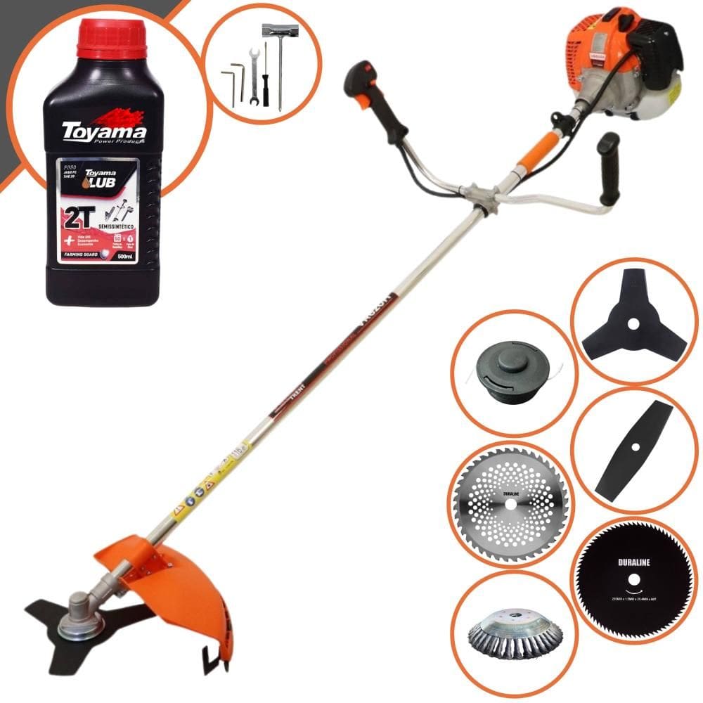 Roçadeira Cortador de Grama À Gasolina Vulcan VR620H 62cc 3HP 12.500rpm Completo Com Kit 4 Lâminas + Carretel Nylon + Escova de Aço + ÓLEO TOYAMA 2T