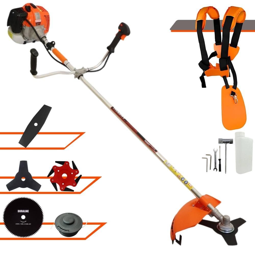 Roçadeira Robusta Vulcan VR620H À Gasolina 2 Tempos 62cc 12.500rpm 3HP Completa 5 Opções de Corte Com Facas 2 Pontas, 3 Pontas, 6 Pontas e 80 Dentes