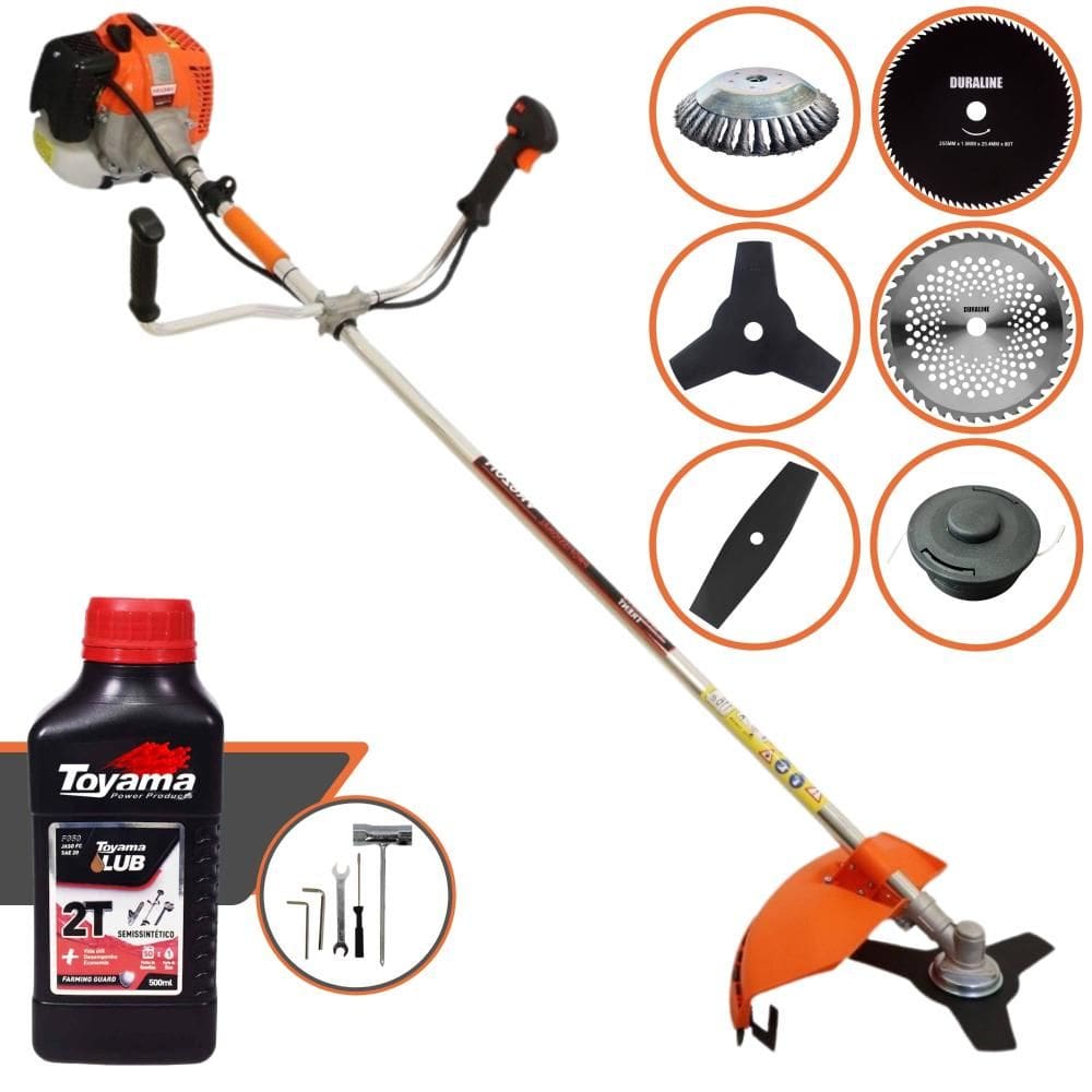 Roçadeira Vulcan VR620H À Gasolina 62cc 3HP 6 Em 1 Com Carretel + Faca 2 Pontas, 3 Pontas, 40 Dentes e 80 Dentes + Escova de Aço + ÓLEO TOYAMA FG50