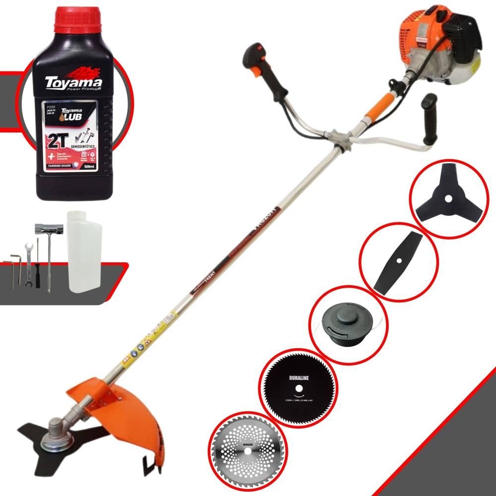 Roçadeira Vulcan VR620H 62cc 3HP Com Carretel de Nylon + Lâmina Facão + Lâmina 3 Pontas + Lâmina 40 Dentes Vídea + Lâmina 80 Dentes + ÓLEO TOYAMA 2T