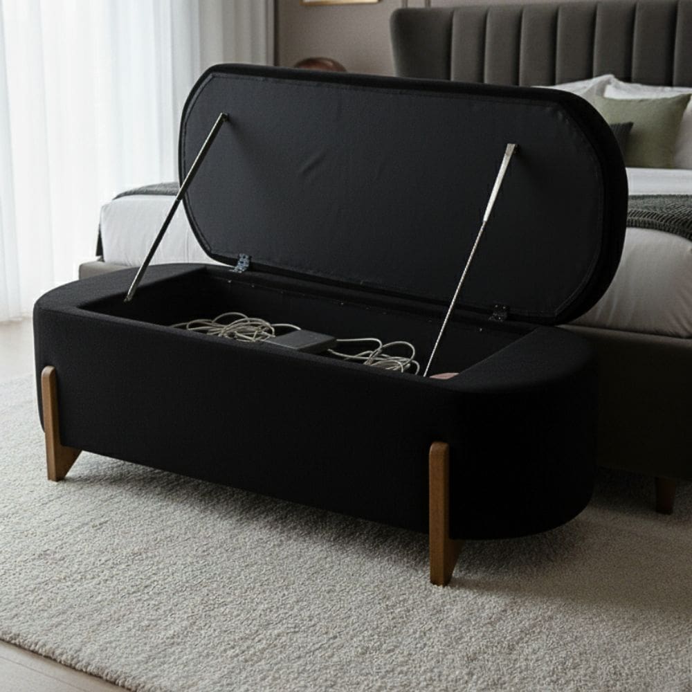 Banco Baú Organizador Estofado Orgânico Milão Peseira 1,40 Bouclê Preto - Montanari`s Decor