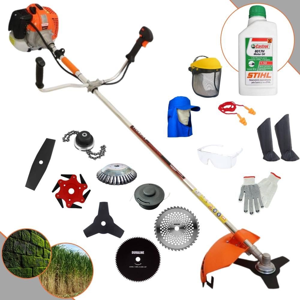 Roçadeira Vulcan VR620H À Gasolina 62cc 3HP + Facas 2 Pontas; 40 Dentes; 80 Dentes; 6 Pontas; Trimmer + Escova 38 Cerdas  + Óleo Sthil + KIT EPI