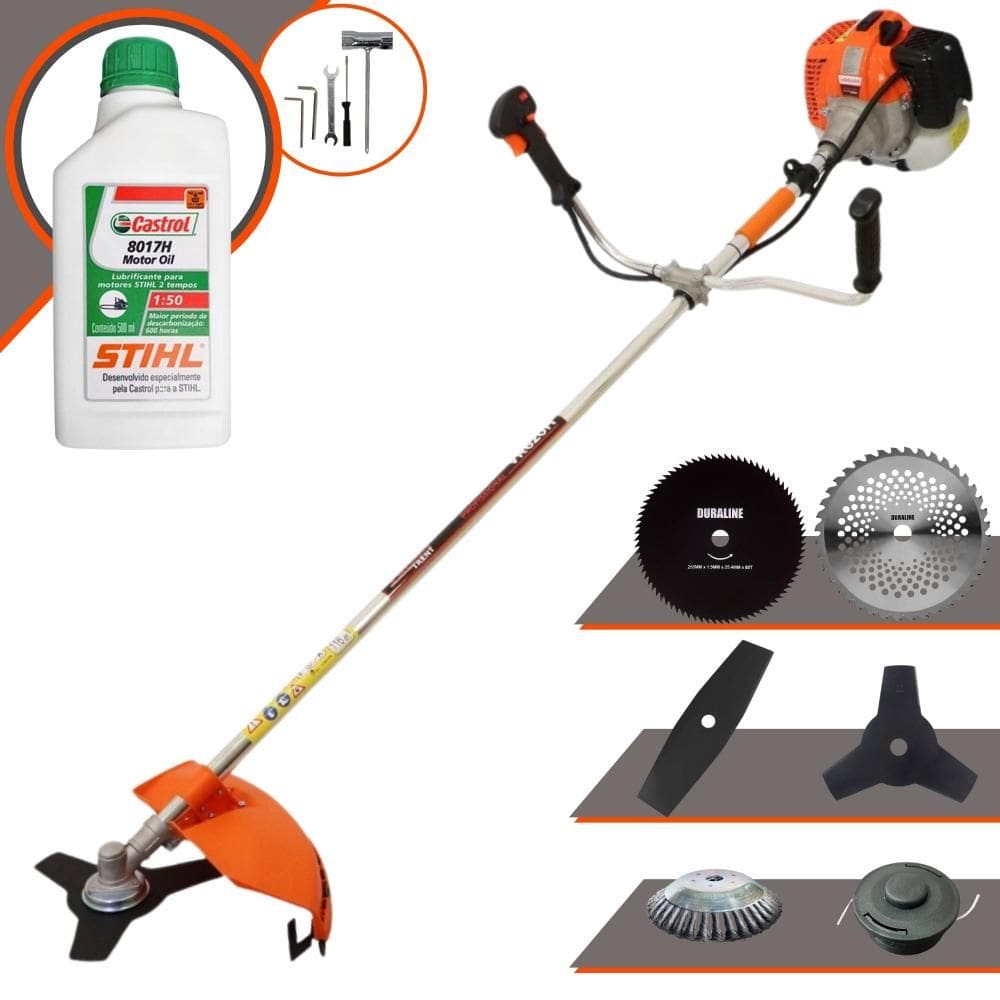 Roçadeira Aparador de Grama À Gasolina Vulcan VR620H 62cc 3HP 12.500rpm Completo Com Kit 4 Lâminas + Carretel de Nylon + Escova de Aço + ÓLEO STIHL