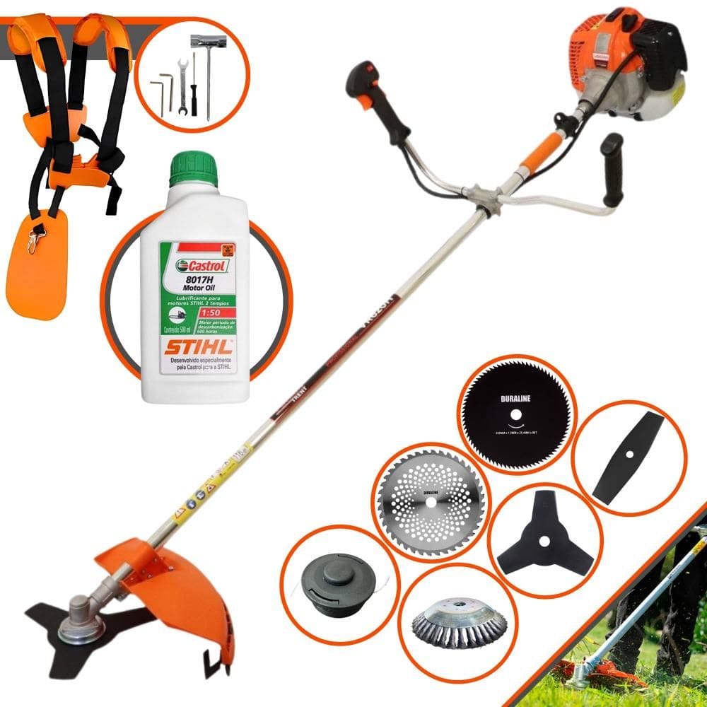 Roçadeira Podador de Grama Vulcan VR620H À Gasolina 62cc 3HP Com 6 Opções de Cortes, Carretel de Nylon + Kit 4 Facas + Escova de Aço + ÓLEO STIHL 2T