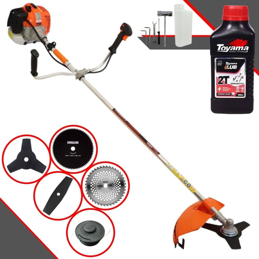 Roçadeira Vulcan KW62 À Gasolina 62cc 3HP Com Faca 2 Pontas + Faca 3 Pontas + Faca 40 Dentes + Faca 80 Dentes + Carretel de Nylon + ÓLEO TOYAMA 2T