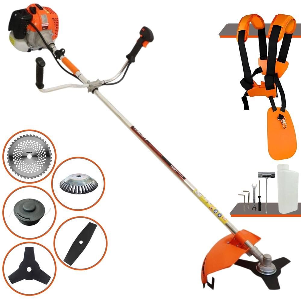 Roçadeira Robusta Vulcan VR620-H À Gasolina 2T 62cc 12.500rpm 3HP Com Kit 3 Lâminas de Corte, Carretel de Nylon e Escova de Aço Circular 38 Cerdas
