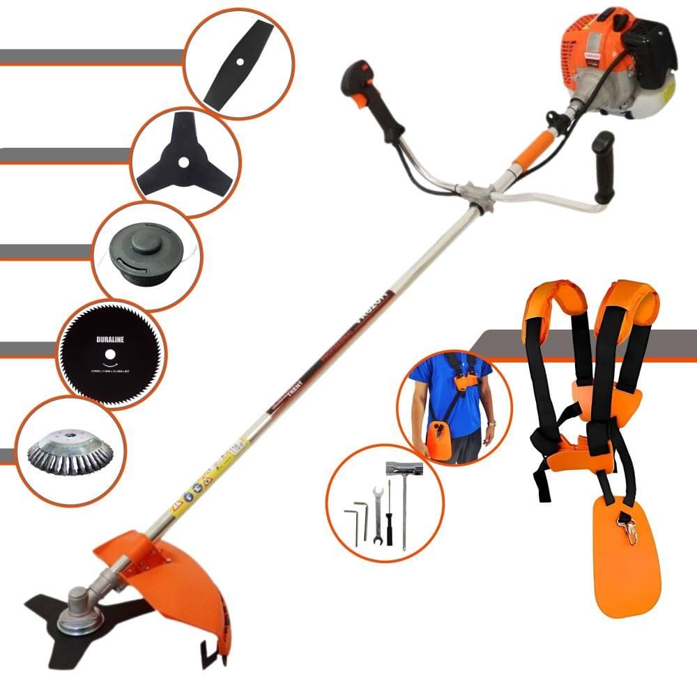 Roçadeira À Gasolina Vulcan VR620H 2T 62cc 12.500rpm 3HP 5 Opções de Corte Com Facas 2 Pontas, 3 Pontas, 80 Dentes, Escova de Aço e Carretel de Nylon