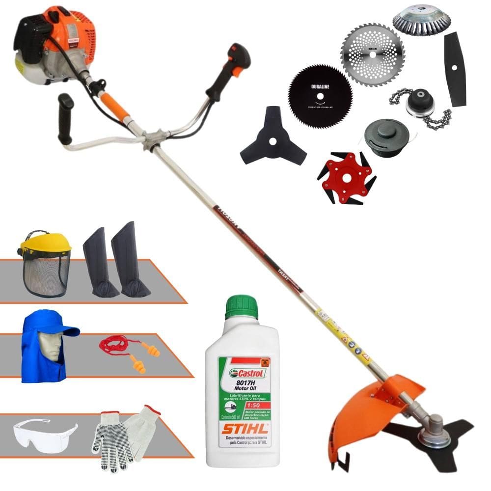 Roçadeira Vulcan VR620H À Gasolina 62cc 3HP + Facas 2 Pontas; 40 Dentes; 80 Dentes; 6 Pontas; Trimmer + Escova 38 Cerdas + Óleo Sthil + KIT EPI