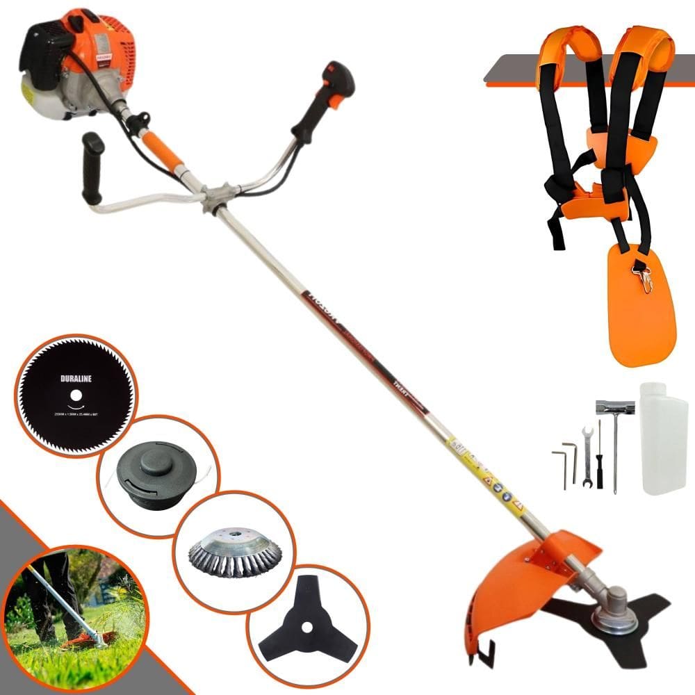 Roçadeira  Vulcan VR620H À Gasolina 62cc 12.500rpm 3HP 4 Opções de Corte Com Faca 3 Pontas, Faca 80 Dentes, Escova de Aço e Carretel Nylon