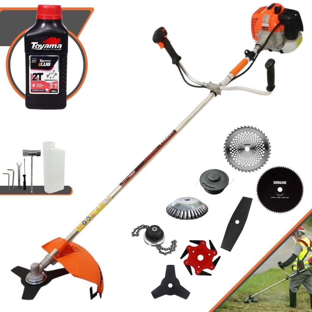 Roçadeira Multifuncional Vulcan VR620H À Gasolina 2T 62cc 3HP de Potência Alta Rotação Com Carretel de Nylon + Kit 7 Lâminas Extras + ÓLEO TOYAMA
