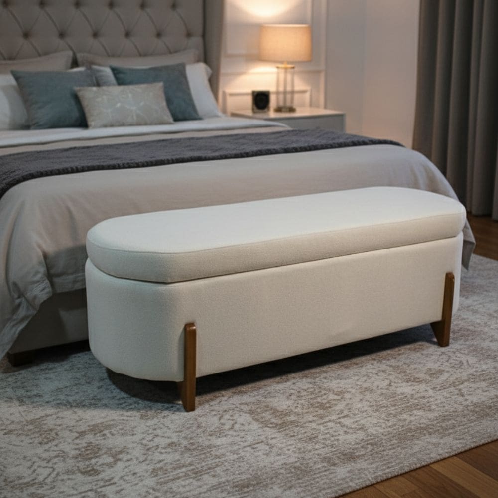 Banco Baú Organizador Estofado Orgânico Milão Peseira 1,40 Bouclê Off White - Montanari`s Decor