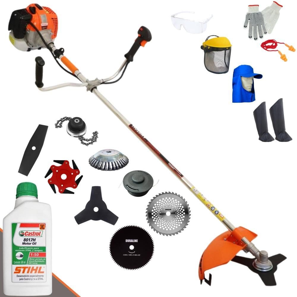 Roçadeira Vulcan VR620H À Gasolina 62cc 3HP + Facas 2 Pontas; 40 Dentes; 80 Dentes; 6 Pontas; Trimmer + Escova 38 Cerdas + Óleo Sthil + KIT EPI