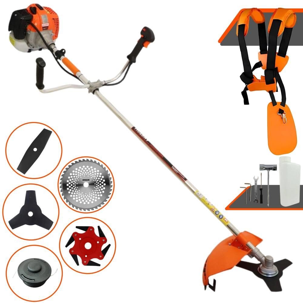 Roçadeira Completa Vulcan VR620H À Gasolina 62cc Cortador de Grama Para Todos os Tipos de Trabalho Com Carretel de Nylon + Kit de 4 Lâminas de Cortes