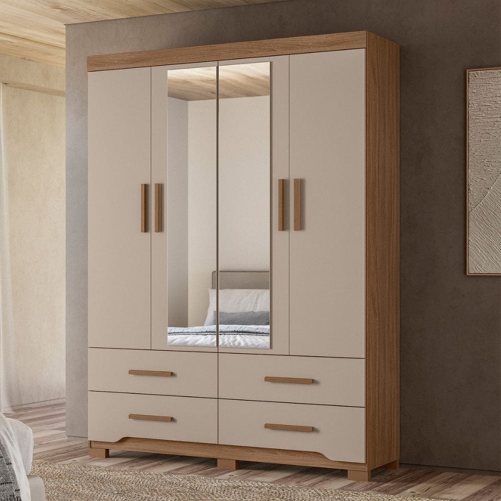 Guarda Roupa Solteiro com Espelho 4 Portas 4 Gavetas e Pés Miami Moval