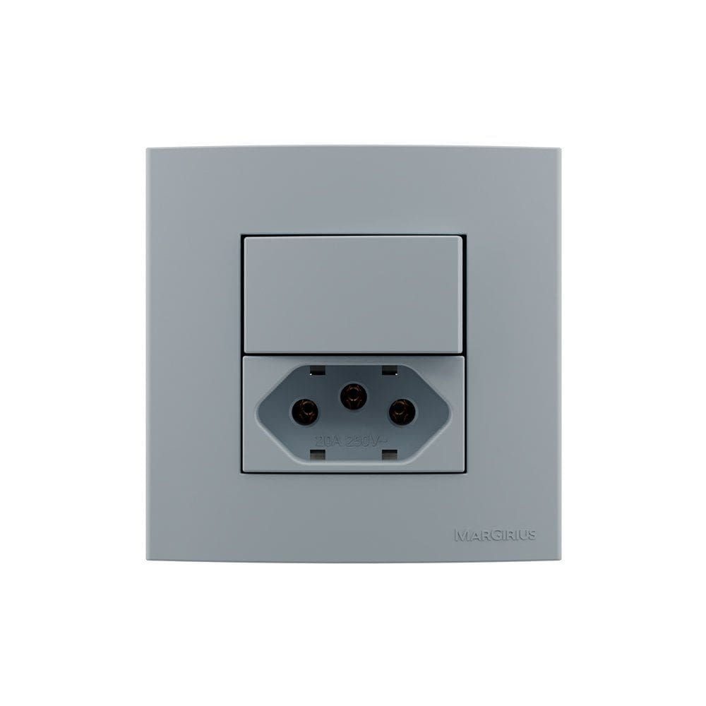 Placa para Móveis 80x80 com Interruptor 10A e Tomada 2P+T 20A MarGirius Sleek Colors Cinza