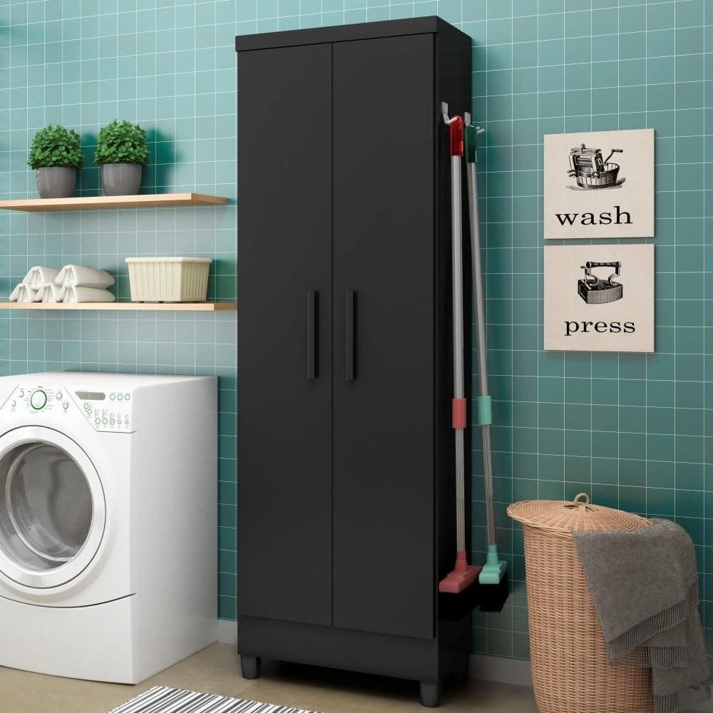 Armário Multiuso Siena 2 Portas c/ Gancho para Vassouras e Rodo Preto Fosco