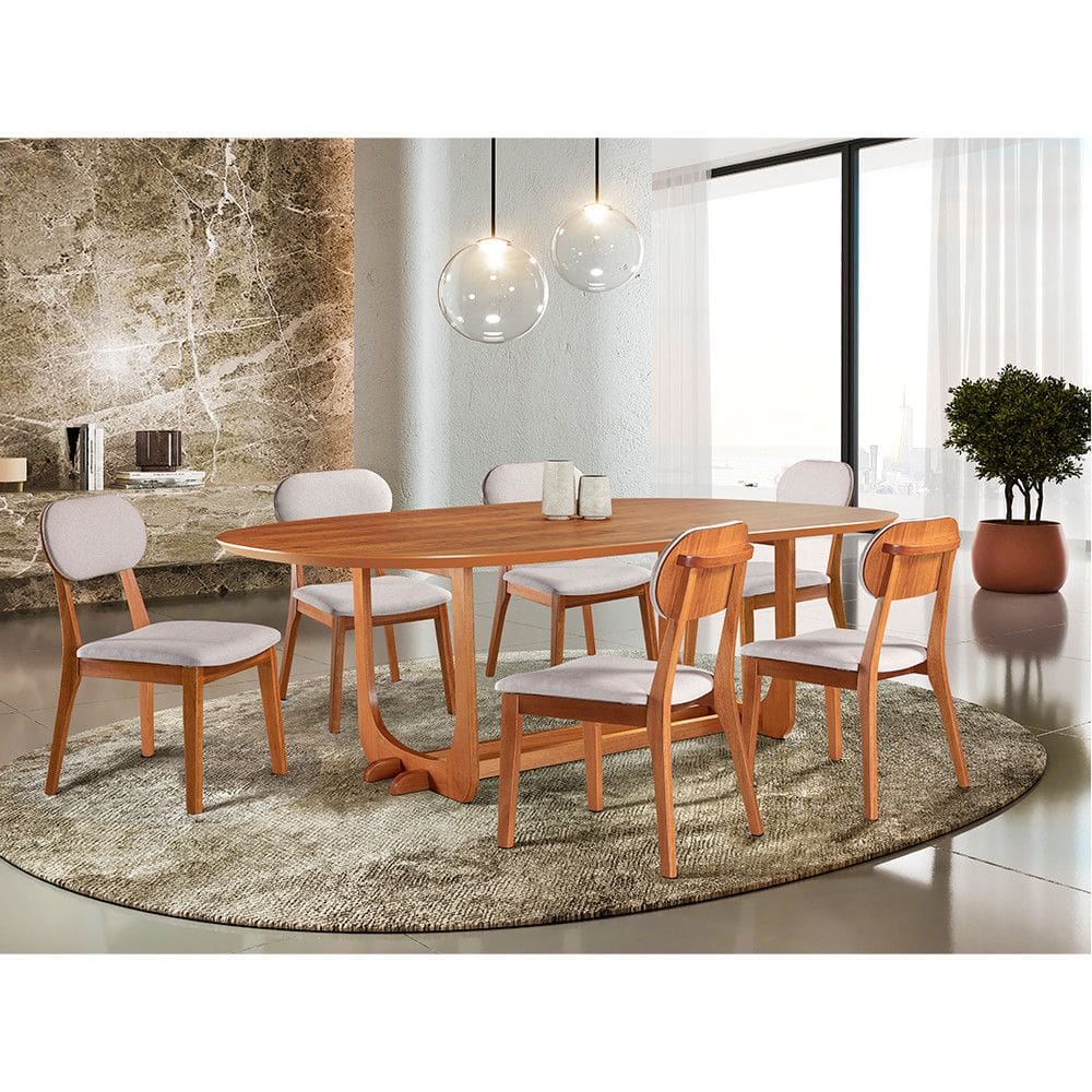 Conjunto Sala de Jantar 6 Lugares Alice Mesa e Cadeiras Organicas Madeira Macica Linho Moveis Mundial