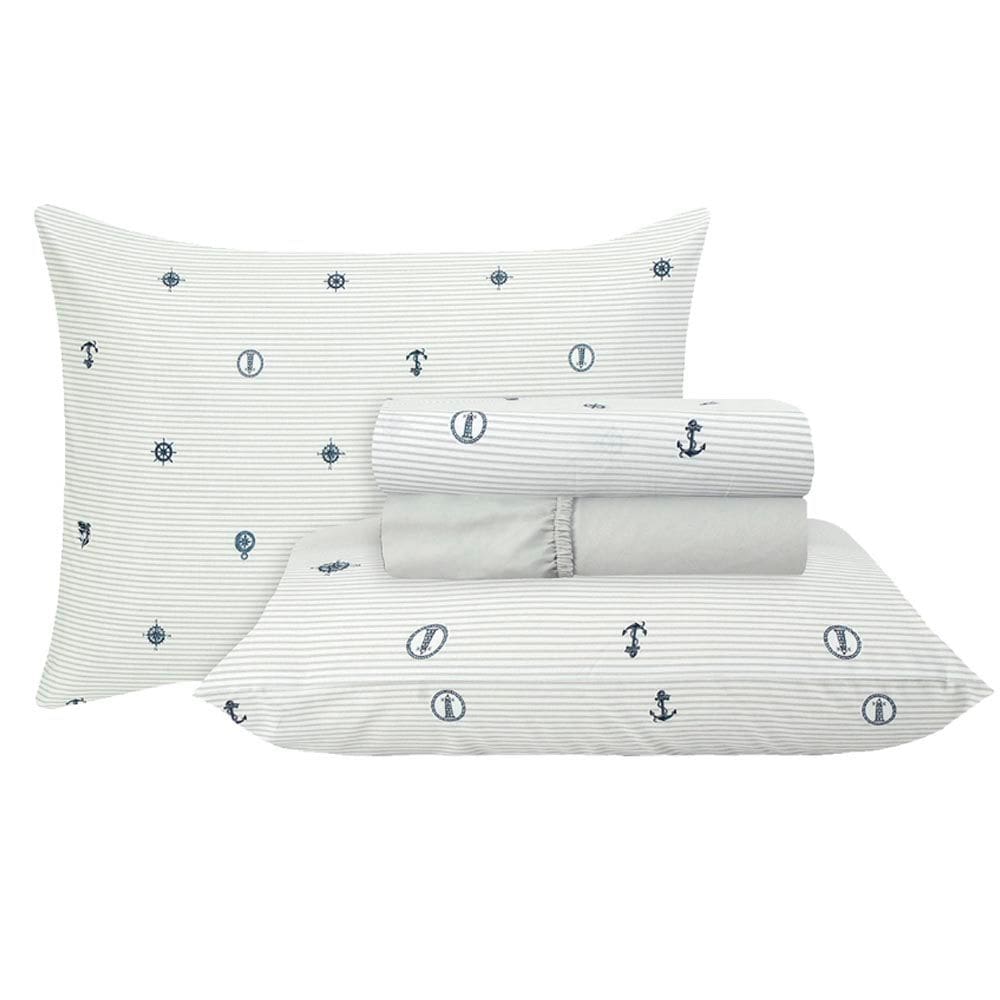 Jogo de Cama Duplo Queen 4 Peças Percal 180 Fios Náutico Sonhare Prata