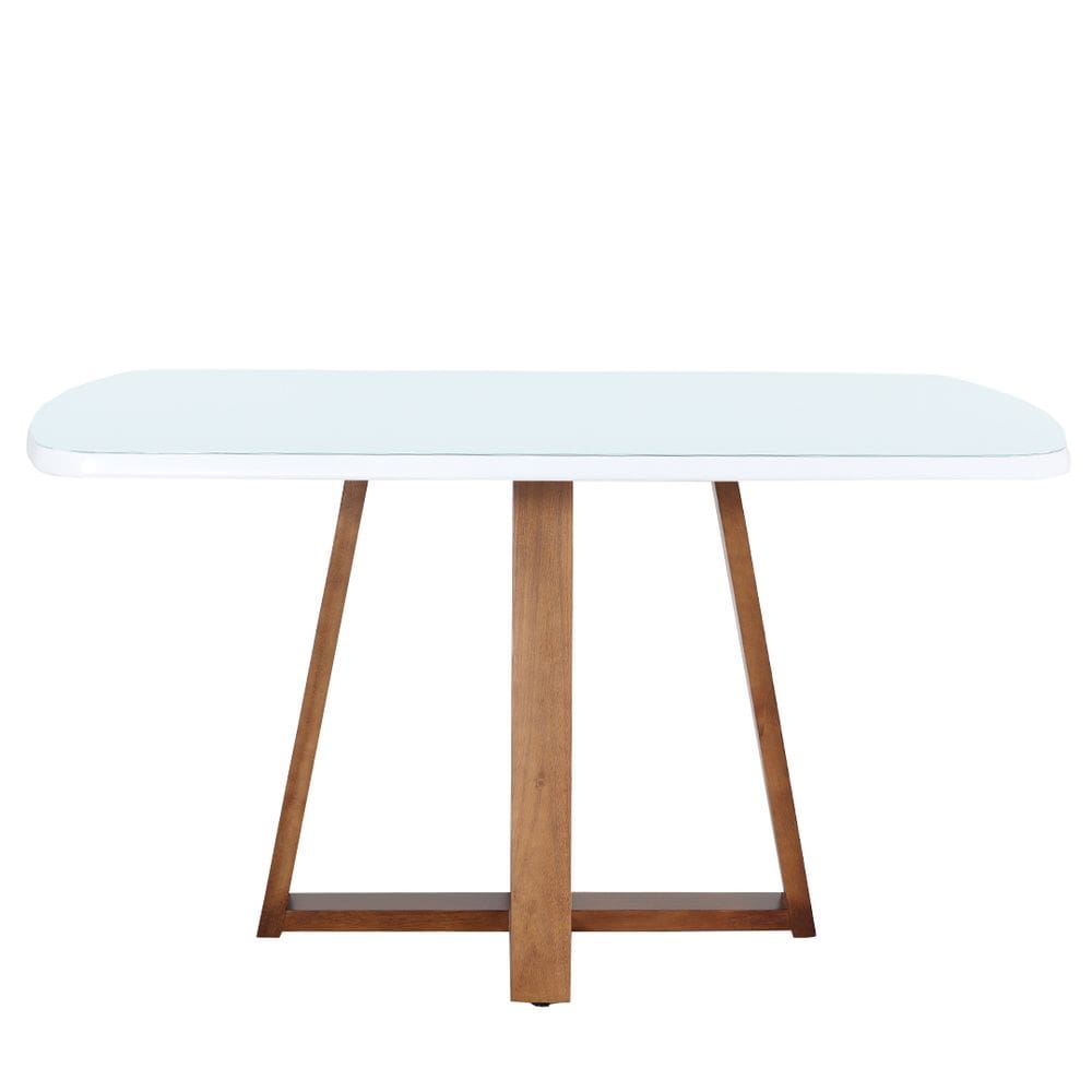 Mesa Jantar Julia Nacional Móveis Retangular 160cm (Larg) Base Madeira Pinhão Com Tampo Vidro Branco