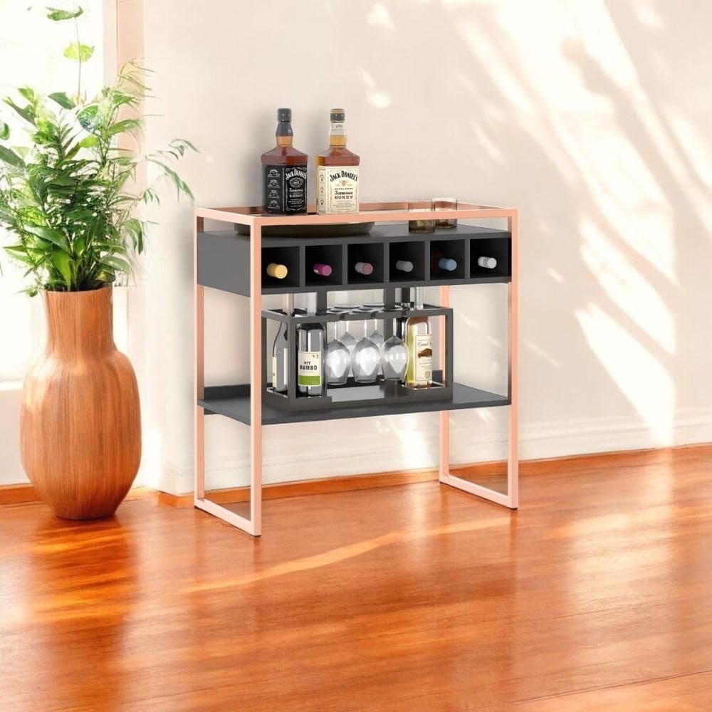 Aparador Adega Barcelona Preto/Cobre com Prateleira e Nichos para Vinhos