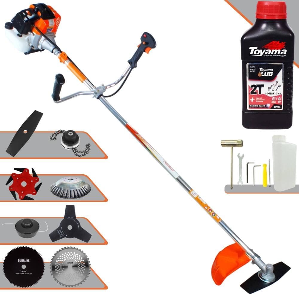 Roçadeira Vulcan VR430-S 43cc 1,7HP Com Carretel + Facas 2 Pontas, 3 Pontas, 6 Pontas, 40 Dentes, 80 Dentes, Trimmer e Escova de Aço + ÓLEO TOYAMA