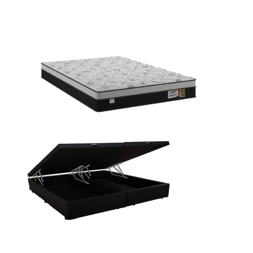 Cama Box Baú Casal Bipartido Preto Colchão Alfa Molas Ensacadas 138x188 - Plumatex