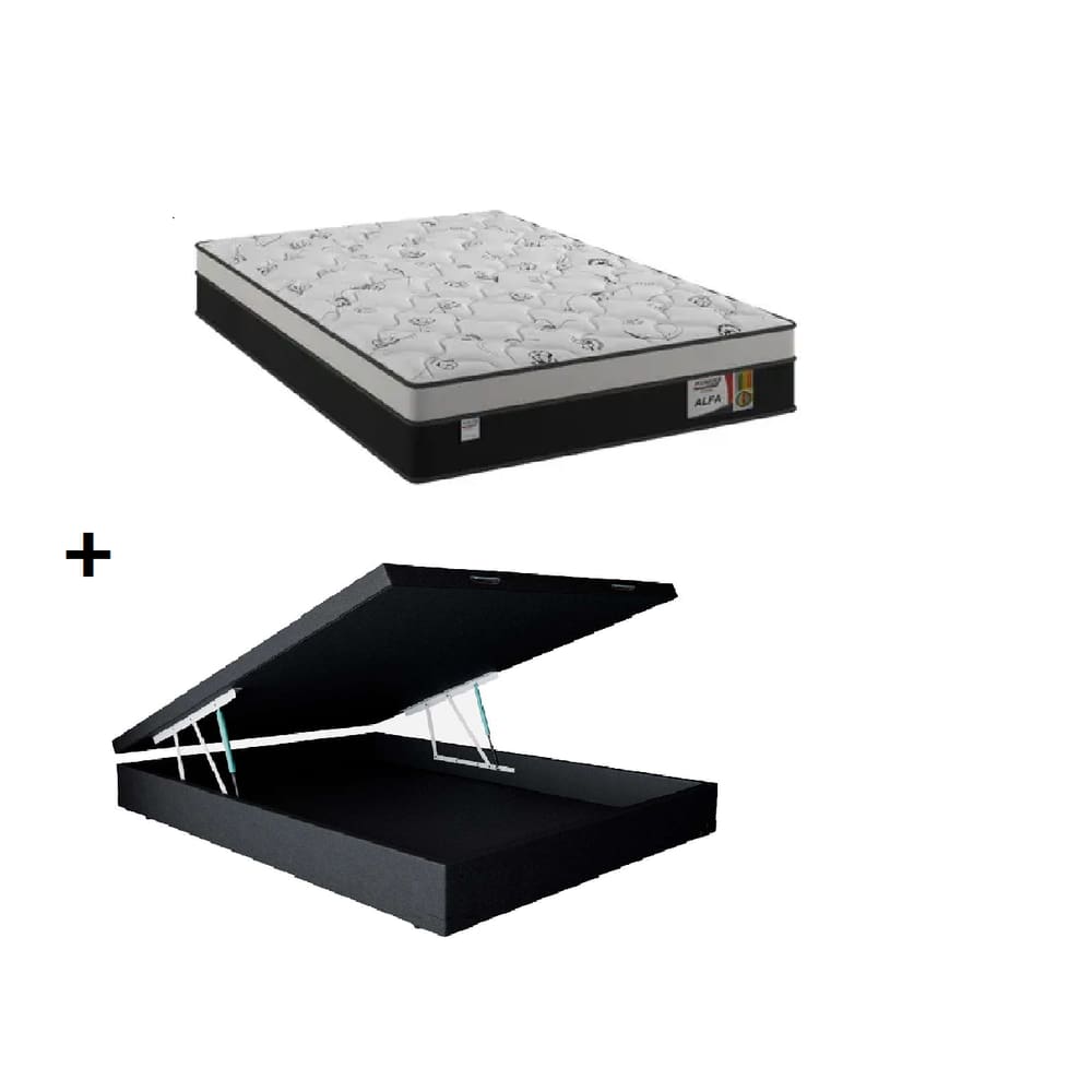 Cama Box Baú Casal Preto Colchão Alfa Molas Ensacadas 138x188 - Plumatex