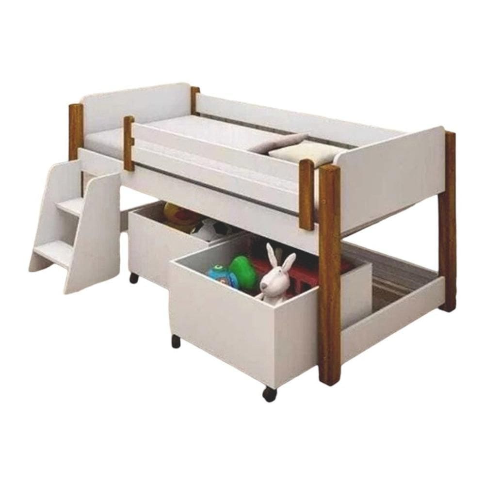 Cama Naty Branca e néctar das flores com 02 Nichos e Escadinha