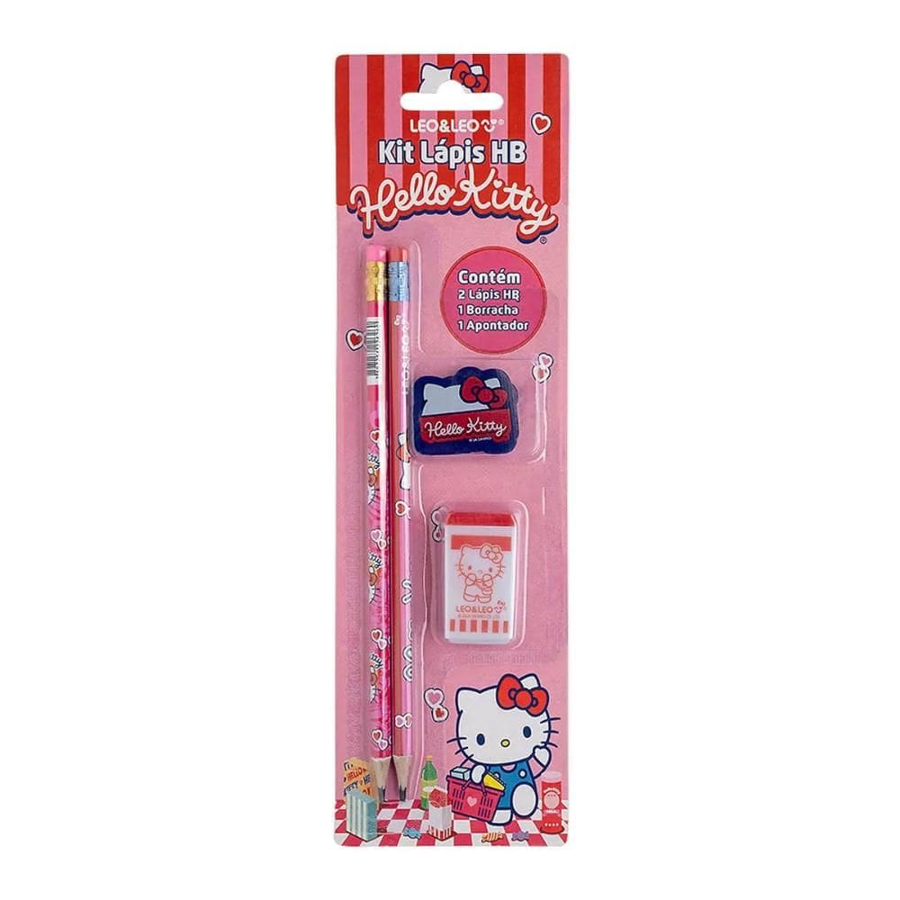 Kit escolar lápis 2uni + apont + bor Hello Kitty Leonora