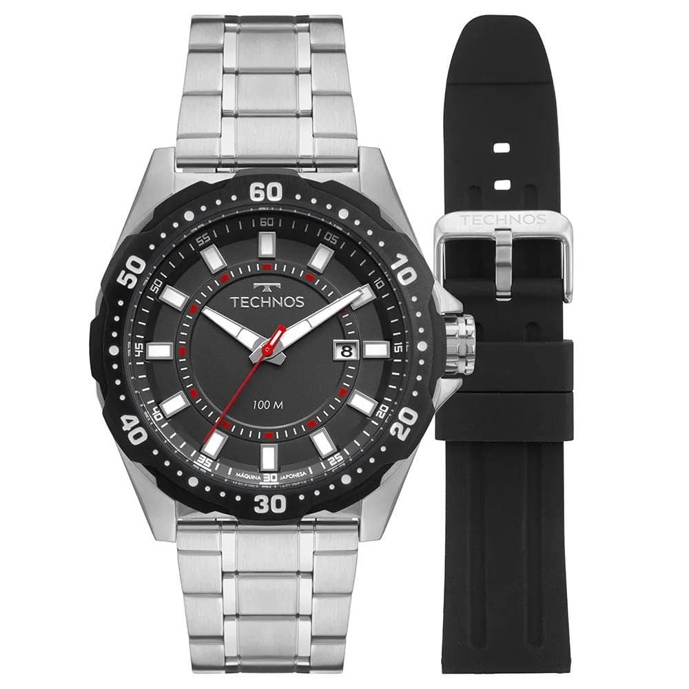 Relógio Technos Masculino Ref: 2315lbc/t1p Racer Prateado 2 Pulseiras