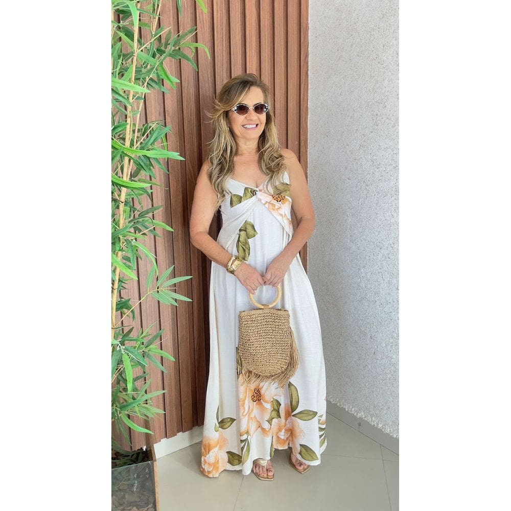 Vestido Longo Estampado De Alça Regulavel Decote V