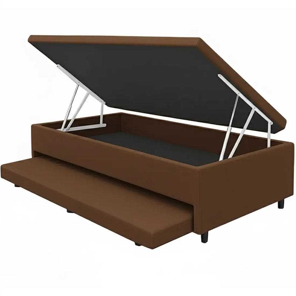 Base Box Baú Solteiro com Auxiliar Corino 43x188x88 Alto Nivel Cor Marrom
