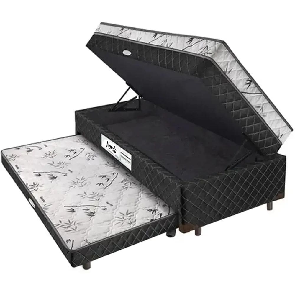 Cama Box Nanda Solteiro com Baú e Auxiliar 62x188x88 Somopar Cor Branco com Preto