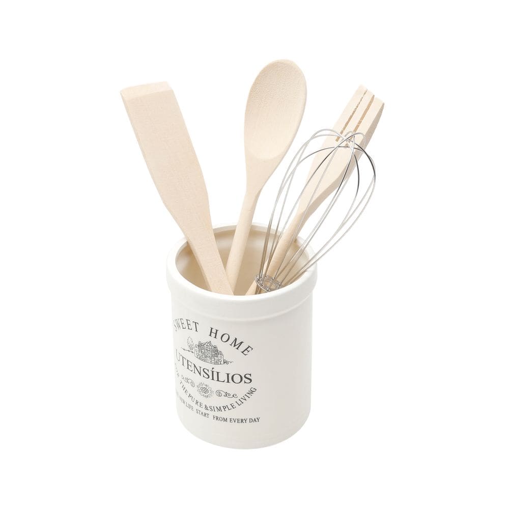 Cj 4 Utensílios de Cozinha C/Suporte Cerâmica Sweet Home Branco Bon Gourmet