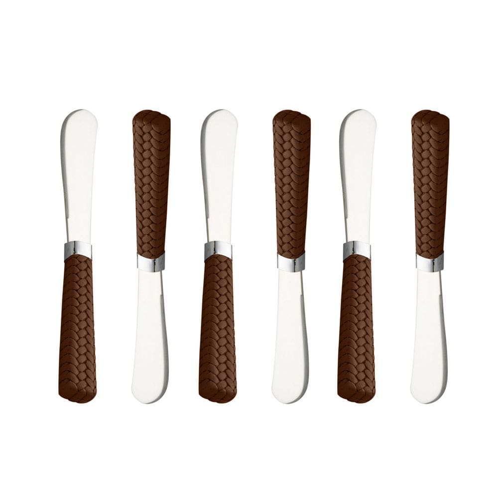 Cj 6 Espátulas P/Servir Manteiga/Patê Aço Inox C/Cabo Plástico de Rattan Marrom Lyor