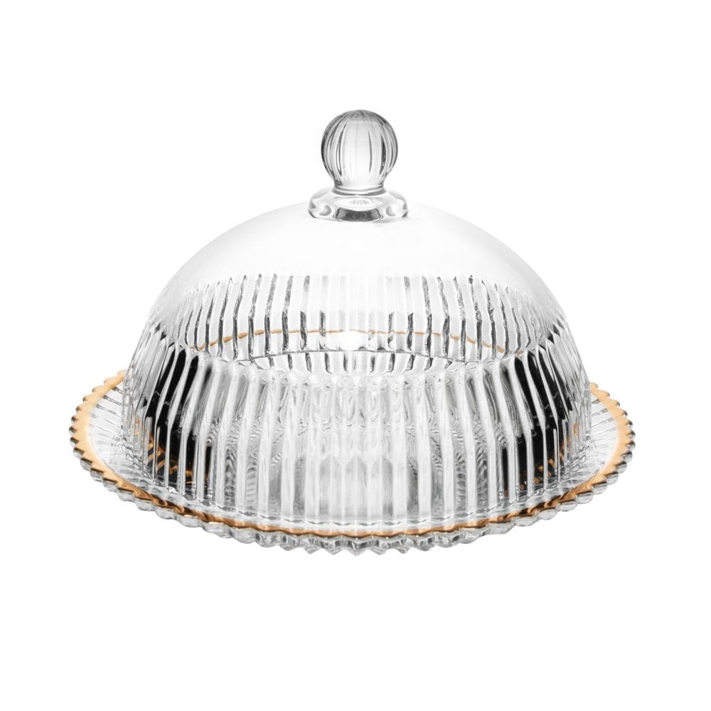 Queijeira de Cristal Canelado C/Tampa Imperatriz Transparente C/Fio de Ouro 20x13,5cm Wolff
