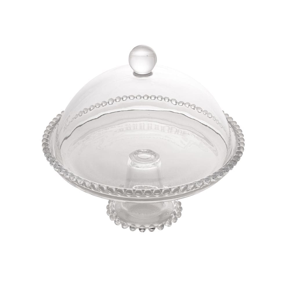 Prato de Cristal C/Pé e Tampa Para Bolo/Doces Pearl Bolinha Transparente 20x18cm Wolff