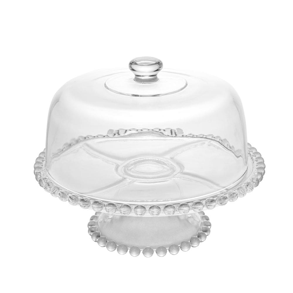 Prato de Cristal C/Pé e Tampa P/Bolo Pearl Bolinha Transparente 31x25cm Wolff