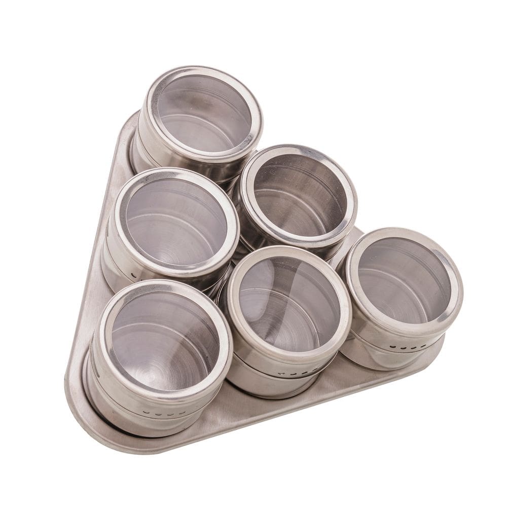Cj 6 Potes de Aço Inox C/Visor P/Temperos e Condimentos e Suporte Imantado Lyor
